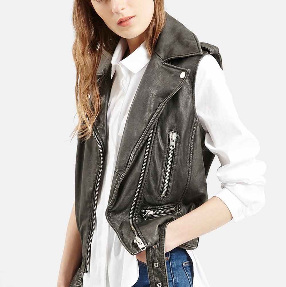 NWOT Topshop Sylvia Leather Biker Vest Black